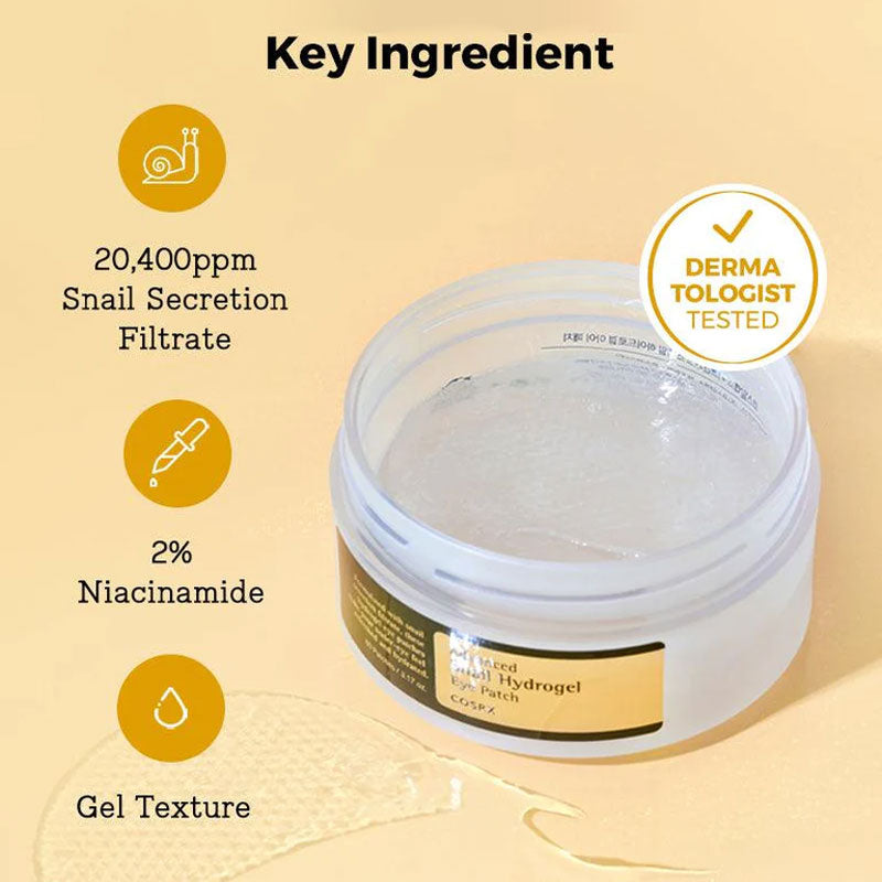 COSRX Advanced Snail Hydrogel Eye Patch~ Deeply moisturizes, plumps, and refreshes tired eyes.